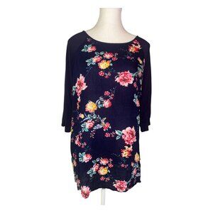 Kaileigh Womens Floral Print Navy Blue 3/4 Sleeve Tunic Top Size 2X